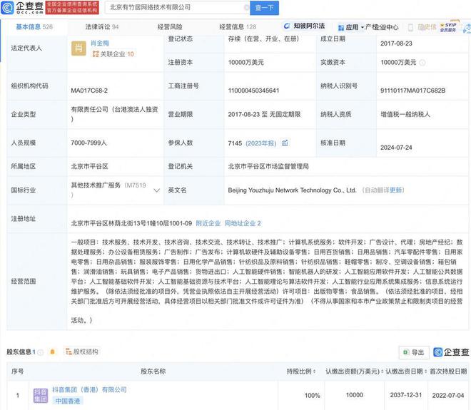 抖音旗下有竹居公司布局AI新賽道 人工智能理論與算法軟件開發(fā)成戰(zhàn)略重點